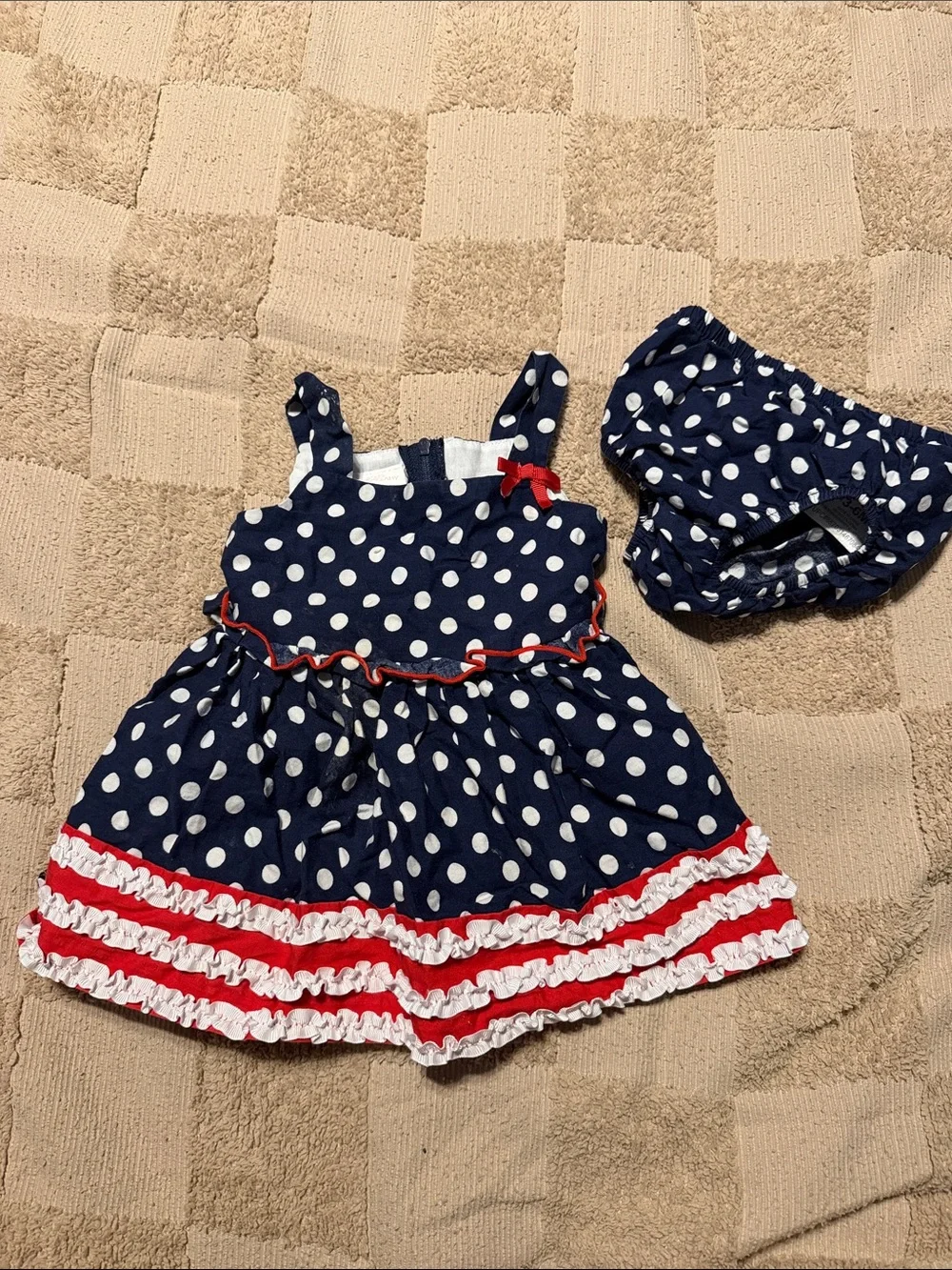 Bonnie Baby Navy Polka Dot Dress with Red Trim and Matching Diaper Cover